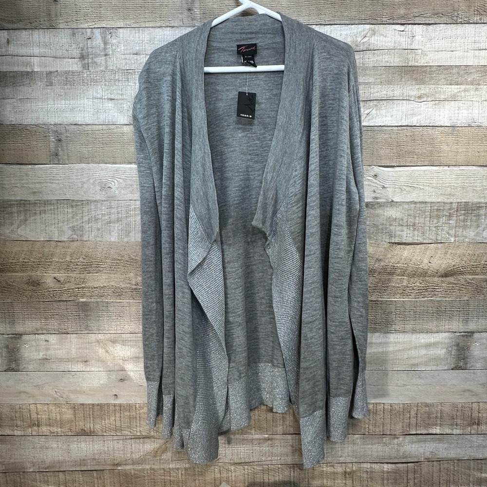 Torrid Womens Grey Waterfall‎ Cardigan Sweater Silver Metallic Trim Size 3